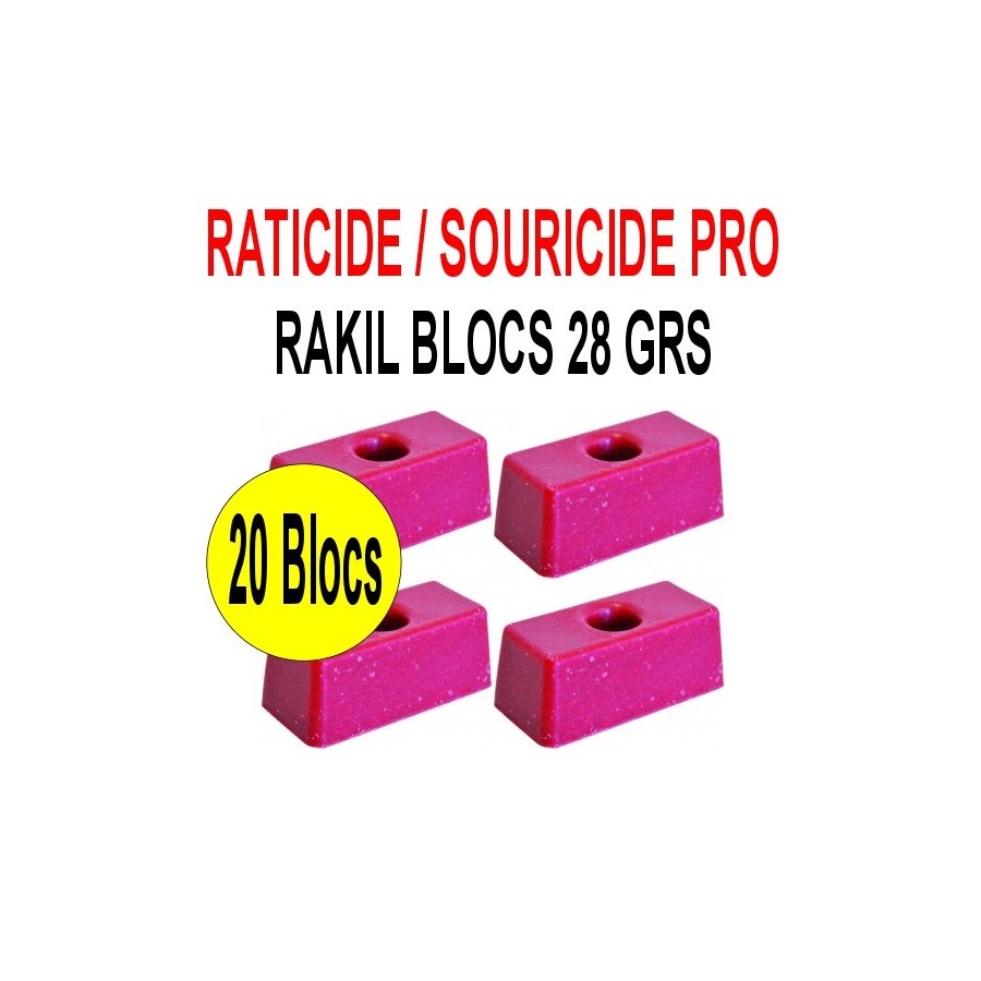 Souricide/Raticide RAKIL 20 blocs de 28grs Souricide/Raticide RAKIL 20 blocs de 28grs