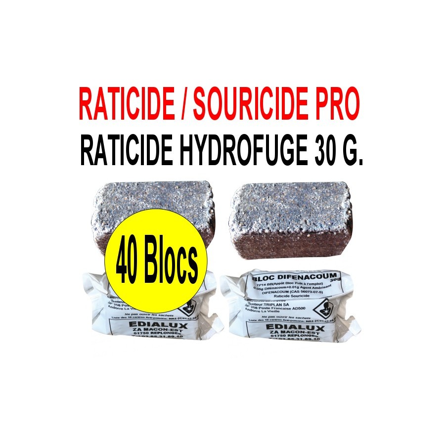 Raticide hydrofuge 1.2 Kg en 40 blocs de 30 grs Raticide hydrofuge 1.2 Kg en 40 blocs de 30 grs